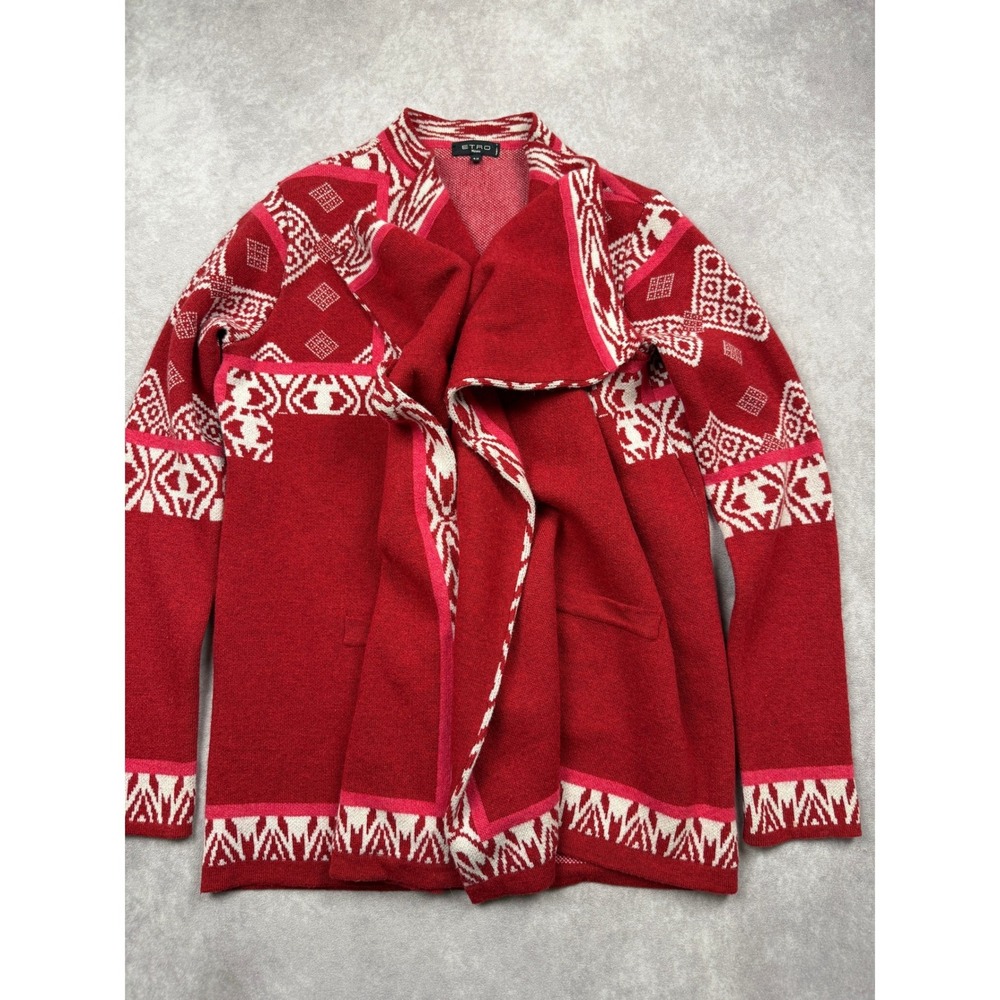Etro Milano Red White Intarsia Open Front Knit Draped Cardigan Women IT 42/ US 6